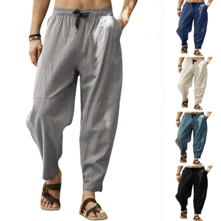 ผู้ชายฤดูร้อนใหม่กางเกงลำลองหลวมระบายอากาศผ้าฝ้ายผ้าลินินกางเกง-drawstring-สบายสีทึบกางเกงฟุตขนาดเล็ก