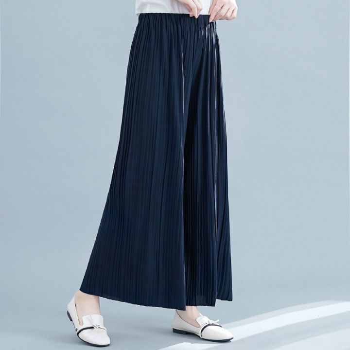 กางเกงลำลองพลีทขนาดพลัสไซส์ทรงหลวมสีขาวกางเกงขาม้า100เรียบง่ายเอวยาวยางยืด-pants301t3088