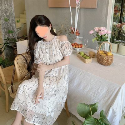 French style restoring ancient ways design feeling small hang off-the-shoulder neck dress women dress in summer beach vacation printing
