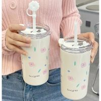 Spot goods316 Stainless Steel Thermos Bottle For Girls Double Layer Thermal Coffee Cup With Straw Cherry Blossom Drinking Cup Travel Mugs