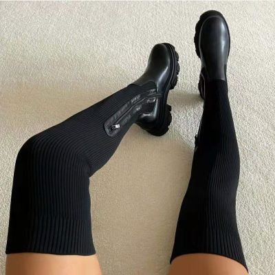 รองเท้าบูทพื้นหนาสำหรับผู้หญิง,ถุงเท้าถักระบายอากาศได้2023ต้นขาสูงขนาดพิเศษรองเท้าหัวมน43ฤดูใบไม้ร่วงฤดูหนาว