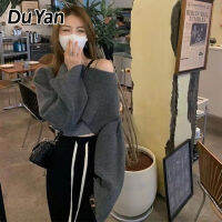 Du YAN เสื้อกันหนาวแบบถักสั้น,ทรงหลวม,ขี้เกียจและอ่อนโยนเสื้อสเวตเตอร์เปิดไหล่แบบสวมหัว