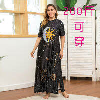 Middle East Large Size Womens Loose Casual Graffiti Home Wear Sun Moon Print Crewneck Dress T-Shirt Dress Black