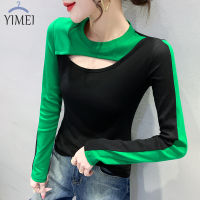 YIMEI เสื้อยืดลายฉลุแขนยาวเซ็กซี่ใหม่สำหรับฤดูใบไม้ผลิและฤดูใบไม้ร่วง2023ผ้าฝ้ายบริสุทธิ์ฤดูใบไม้ร่วงและฤดูหนาวเสื้อขนาดเล็กสีตัดกันเข้ารูปพอดี