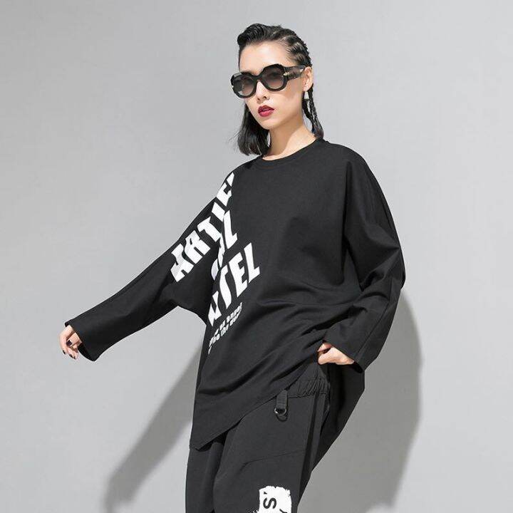 xitao-t-shirt-print-letter-black-women-pullover-full-sleeve-t-shirt