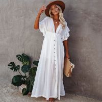 COD DSFGRDGHHHHH Women High Waist Long Dress Holiday Beach White Kimono Maxi Dress Kaftan Plus Size Caftan Gown Sunscreen Bikini Cover-ups