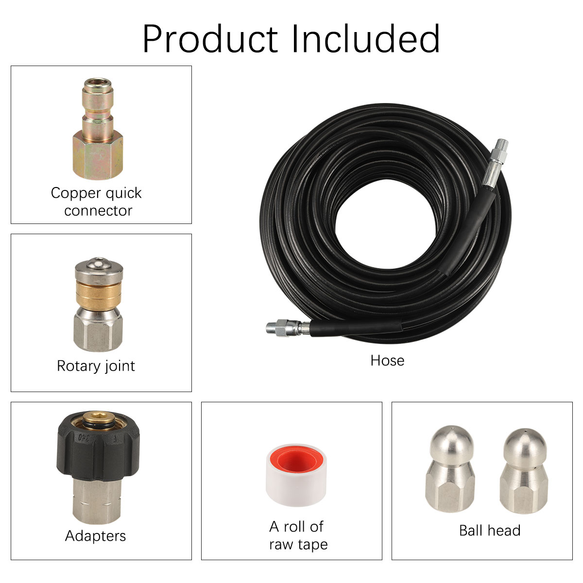 button type sewer nozzle and waterproof tape rotation High pressure washer sewer washer kit-100 FT 5800 PSI drain cleaning hose daily tool for pressure angle 1/4 inch NPT including 100 foot hose 