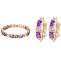 1 Pair Women Zircon Earrings Pendant Hoop Earrings Female -Purple &amp; 1 Pcs Linked Bangle Bracelet 18cm