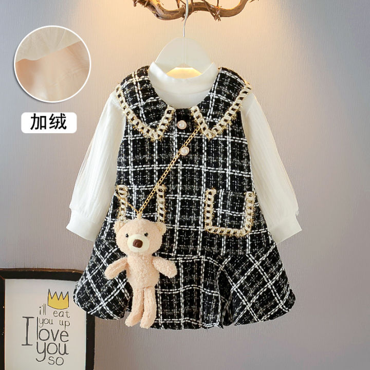 Children's Clothing Girls Chanel Suit2021Autumn Korean Style Long  Sleeve Dress Baby Vest Skirt Western Style Two-Piece Suit