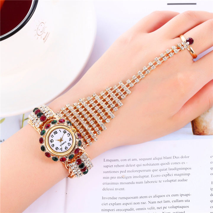 ใหม่สุภาพสตรี-khorasan-แบรนด์แฟชั่นสุภาพสตรีเต็มเจาะกรงเล็บโซ่แหวนชุดนาฬิกาแฟชั่นสุภาพสตรีดู