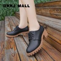 KKJ MALL Ladies Shoes 2022 New Black Small Leather Shoes Women Summer Thick Heels Medium Heels Round Toe Single Shoes Korean Version All-match Student British Style Womens Shoes