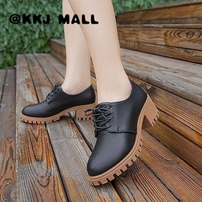 KKJ MALL Ladies Shoes 2022 New Black Small Leather Shoes Women Summer Thick Heels Medium Heels Round Toe Single Shoes Korean Version All-match Student British Style Womens Shoes