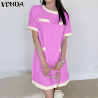 เสื้อยืดคอกลมแฟชั่นของผู้หญิง VONDA สีตัดกันชุดมินิเดรสพื้น (สาเหตุเกาหลี) [ลดล้างสต๊อก]