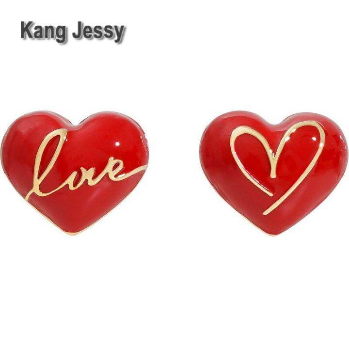 kang-jessy-ต่างหูหัวใจสีแดงออกแบบพิเศษให้ความรู้สึกหรูหราต่างหูผู้หญิงสไตล์ฮ่องกงย้อนยุคฤดูร้อนสีขาวต่างหูไม่สมมาตร