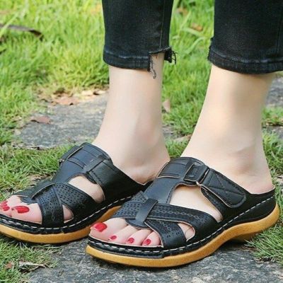 Cross-Border Womens Shoes 2023 Summer New One-Line Hollow Peep Toe Wedge Velcro Sandals Womens Large Size Womens Shoes
