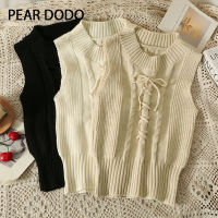 PEAR DODO สายคล้องลำลองถักแบบเกาหลีเสื้อกล้ามคอกลมแขนกุดสั้นสำหรับผู้หญิง