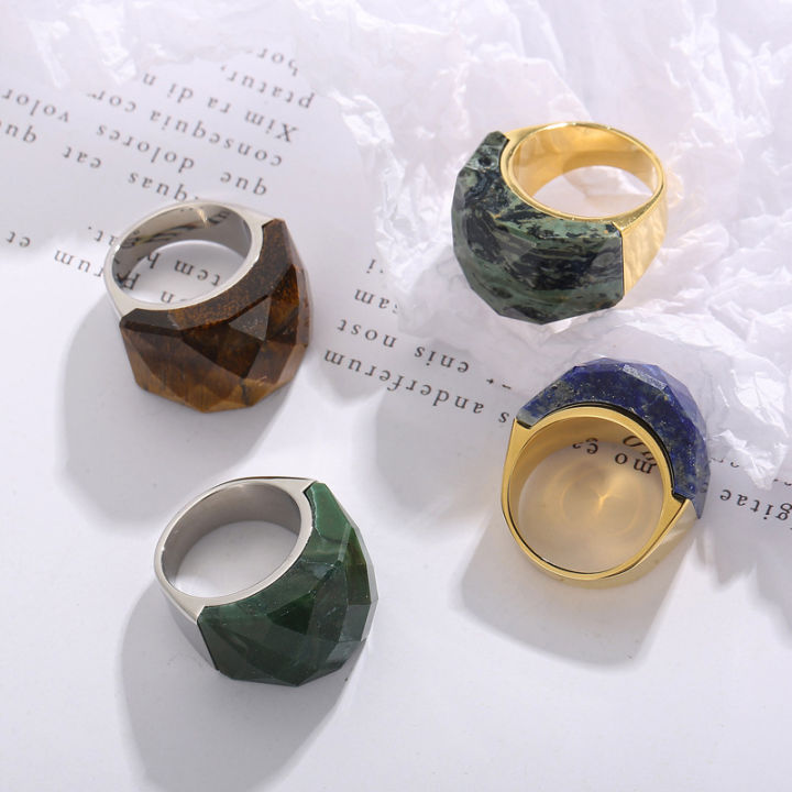 kalen-แหวนแฟชั่นประดับหินธรรมชาติหลากสีสำหรับผู้หญิงแหวนชุบทอง18k-เครื่องประดับแฟชัน