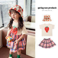 Cute Skirt Plaid Girl Skirts 2022 Spring Summer Strawberry T Shirt Kawaii Skirt for Girls Pleated Skirt The Fisherman Hat