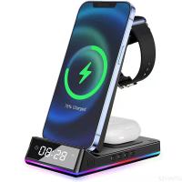 15W Fast Charging Dock Station Wireless Charger Stand Alarm Clock Night Light 4 3 In 1 For Iphone 14 13 12 11 Apple Watch 2022