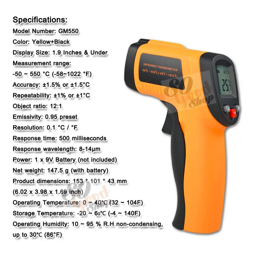 30c To 550c Infrared Thermometer Temperature Gun With 2 X 1.5 AAA Battery