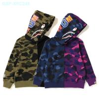 ☜☋₪ BAPE เสื้อแจ็กเก็ตมีซิปสำหรับเด็ก,เสื้อลายพรางหัวฉลามกำมะหยี่แขนยาวสำหรับผู้ชายและผู้หญิงขนาดเล็กกลางและใหญ่