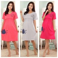 ♘✣ Breastfeeding nightdress summer short-sleeved cotton postpartum breastfeeding dress can be worn outside maternity clothes summer pajamas for pregnant women