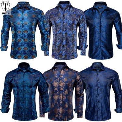 ZZOOI Jacquard Silk Navy Blue Mens Shirts Long Sleeve Single Breasted Windsor Collar Shirt Casual Blouse Outerwear Wedding Business