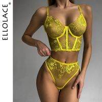 【LZ】▫﹍♚  Ellolace Sensual Lingerie Transparente Bra Fantasia Underwear Set Mulheres 2 Peça Floral Ver Através Do Renda Roupa Amarelo Fada Íntima