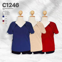 C1246  เสื้อคอวีเเขนกลีบกุหลาบผ้าพื้น ยาว25