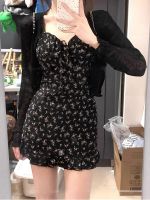 ♙✘♚ Tea break French style black floral suspender dress womens summer 2023 new autumn clothes slim waist short skirt