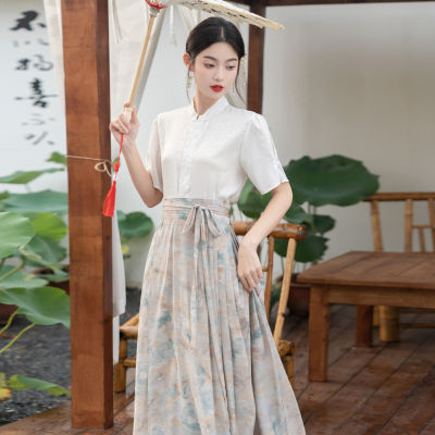 Hanfu สไตล์จีนโบราณแบบใหม่2023แบบเสื้อเชิ้ต + กระโปรงหน้าม้าครึ่งตัวสำหรับผู้หญิง