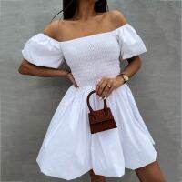 【Ladies shop】 WomenPuff SleeveDress เซ็กซี่ปิดไหล่ Solid PartySummer SweetBeach Dresses Vestidos G2