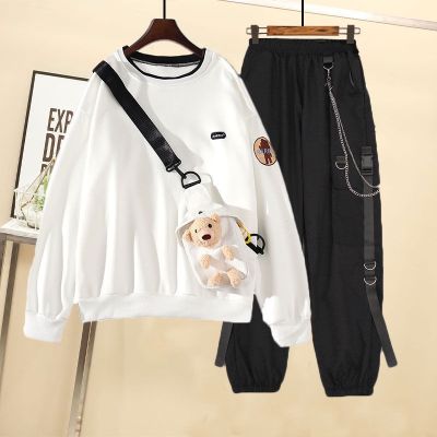 Free Bag Student Suit Female Autumn Korean Version Loose Cute Bear Sweatshirt+Ankle-Tie Overalls Two-Piece Trendy