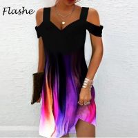 【CW】✿▪  Print V Neck Shoulder Dresses Fashion Office Beach