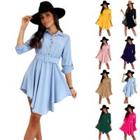 2022 spring new European and American style pull-sleeve waist shirt long-sleeved solid color dress ❤