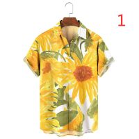 Cuban Collar Floral Shirt Men Printed Sunflower Shirt Blouse 2022 New Short Sleeves Collar Neck Blouse Casual Loose Beach Shirt