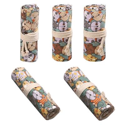 ﹍ Cartoon Cat 12/24/36/48/72 Holes Canvas Roll Pen Curtain Pencil Bag Case Makeup Wrap Holder Storage Pouch School Supplies