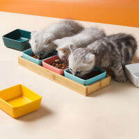 Cat Puppy Square Ceramic Bowl With Wood Stand And Dish Sturdy Durable Small Pet Feeder Multiple Color Accessories Supplies #P030