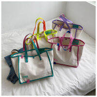 Women Canvas Tote Bag Patchwork High-capacity Shopping Travling Fashion Ins Easy to Match 2021 Beige Fluorescent Yellow