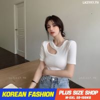 Plus size เสื้อผ้าสาวอวบ❤ เสื้อยืดสาวอวบอ้วน ไซส์ใหญ่ ผู้หญิง เสื้อยืดรัดรูป แขนสั้น คอกลม สีขาว ฤดูร้อน สไตล์เกาหลีแฟชั่น V728