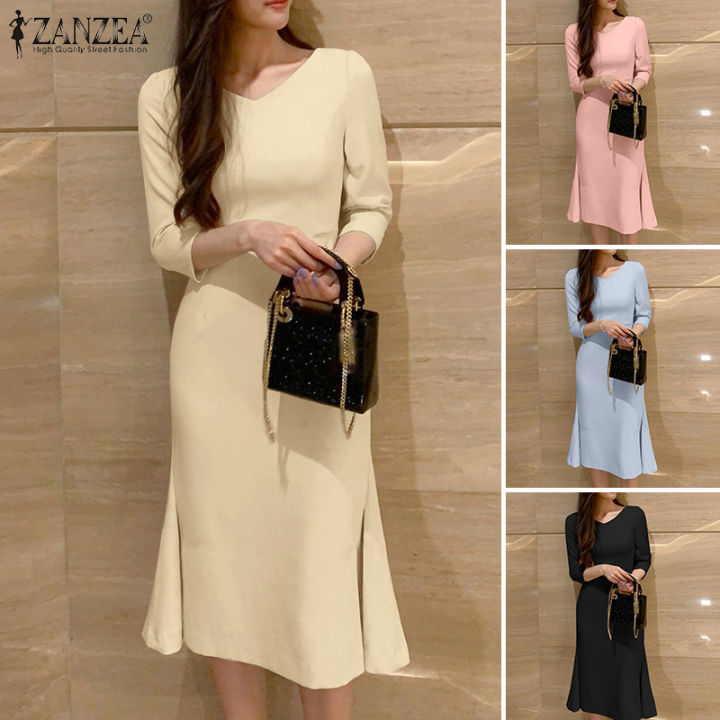 สินค้ามาใหม่-จัดส่งฟรี-fancystyle-zanzea-ชุดซันเดรสคอวีชุดนางเงือกสไตล์เกาหลีของผู้หญิงหรูหราสำหรับปาร์ตี้ชุดเดรสแหวกมิดิเรียบ-11