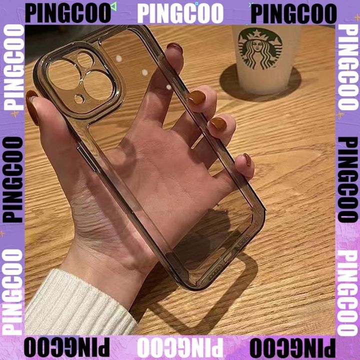 pingcoo-เคสไอโฟน11-simple-case-for-iphone-14-13-12-11-plus-pro-max-xr-silicone-soft-clear-case-luxury-electroplated-metal-button-case-camera-protection-shockproof-space-back-cover