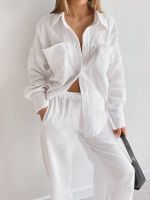 Linad White Pajamas For Women Cotton Long Sleeve 2 Piece Sets Nightwear Female Casual Trouser Suits Solid 2022 Autumn Sleepwear