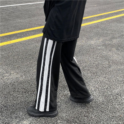 Hip Hop Mens Straight Wide Legs Pants Side Stripe Elastic Waist Uni Jogger Sweatpants Fashion Cotton Trousers Casual Pant for Men Students High Street Trouser