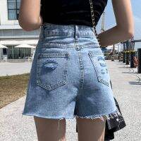 COD เสื้อแฟชั่นสาวอวบ﹡เสื้อลายดอก﹡ครอป﹡ Black ripped DENIM ค่ะ shorts Womens S ค่ะummer 2021ใหม่สไตล์เกาหลีเอวสูงกระชับสั