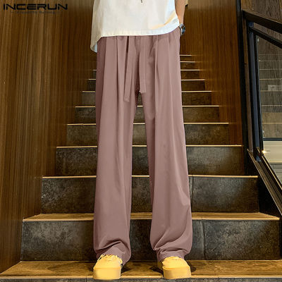 INCERUN กางเกงบุรุษกางเกงขายาวทรงหลวมชุดทำงานเข้ารูปมีเชือกรูดสำหรับเอวยางยืดที่ผ่อนคลาย (สไตล์เกาหลี)