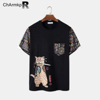 เสื้อยืดลำลองสำหรับผู้ชายแขนสั้นพิมพ์ลายแมว Medussa ChArmkpR