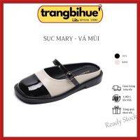 【Ready Stock】 ✾✙✥ C40 Mary Patched Toe Open Heel Mules With Horizontal Strap And Black Toe And Flat Soles Soft And Smooth