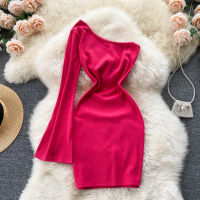 Ins Fashion Women One Shoulder Mini Bodycon Sexy Dress Candy Color One Flare Sleeve Slim Fit Club Party Dress Casual Streetwear