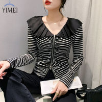 YIMEI เสื้อชั้นในมีซิปคอวีแขนยาวใหม่สำหรับสาวออเสื้อยืดสั้นฤดูร้อนเสื้อมีซิปอัดพลีทเสื้อซับในลายทางอเนกประสงค์ต้นฤดูใบไม้ผลิ